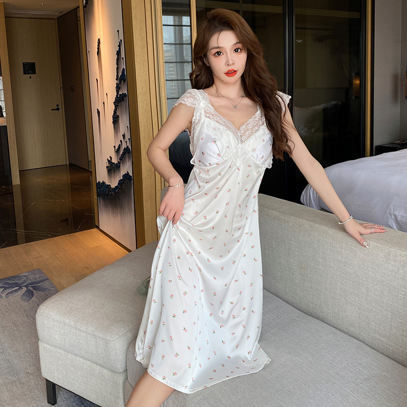 Floral Strap Two-way Nightdress Women's Comfortable Artificial Silk Homewear