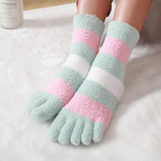 Women's Autumn And Winter Thermal Coral Fleece Sleeping Socks Striped Blue - Shop at LoveMi