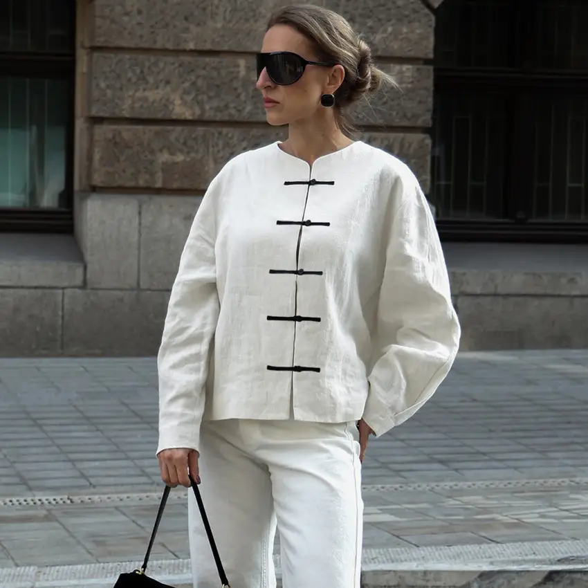 New Chinese-style Buttoned-closure Loose-fit Vintage Elegant Blouse