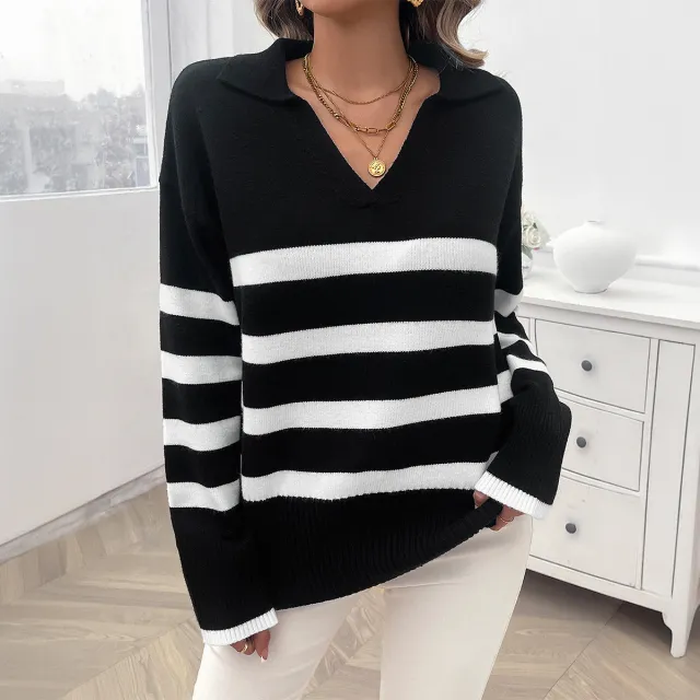 Women's Loose Striped Contrast Color Lapels Sweater Black - Shop at LoveMi