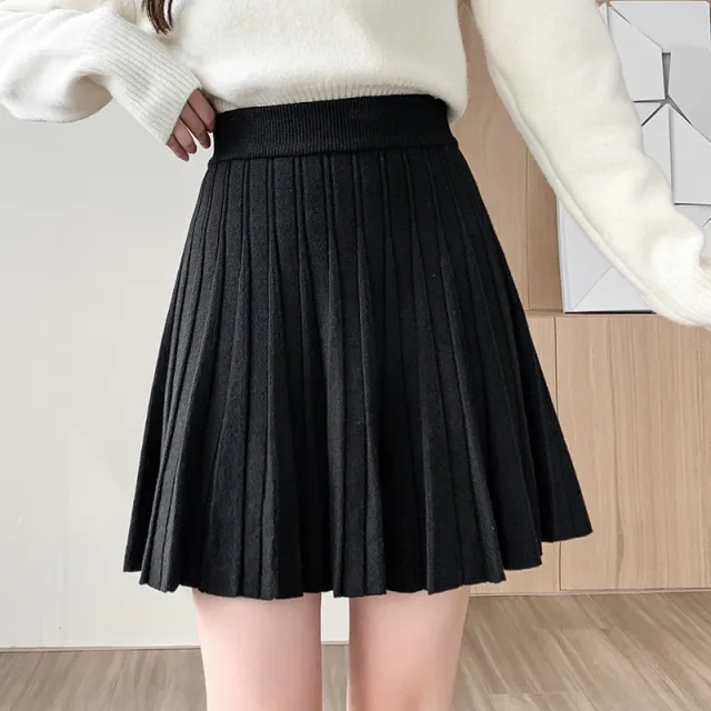 Knitted High Waist Slimming All matching A Line Pleated Half length Wool Pettiskirt Black - Shop at LoveMi