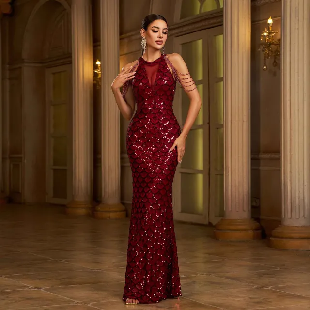Elegant Sleeveless Round Neck Sequins Slim Sheath Banquet Fishtail Dress Wine Red - Shop at LoveMi