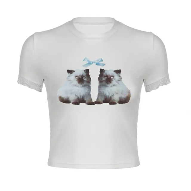 Fashionable All match Cat T shirt For Women White - Shop at LoveMi