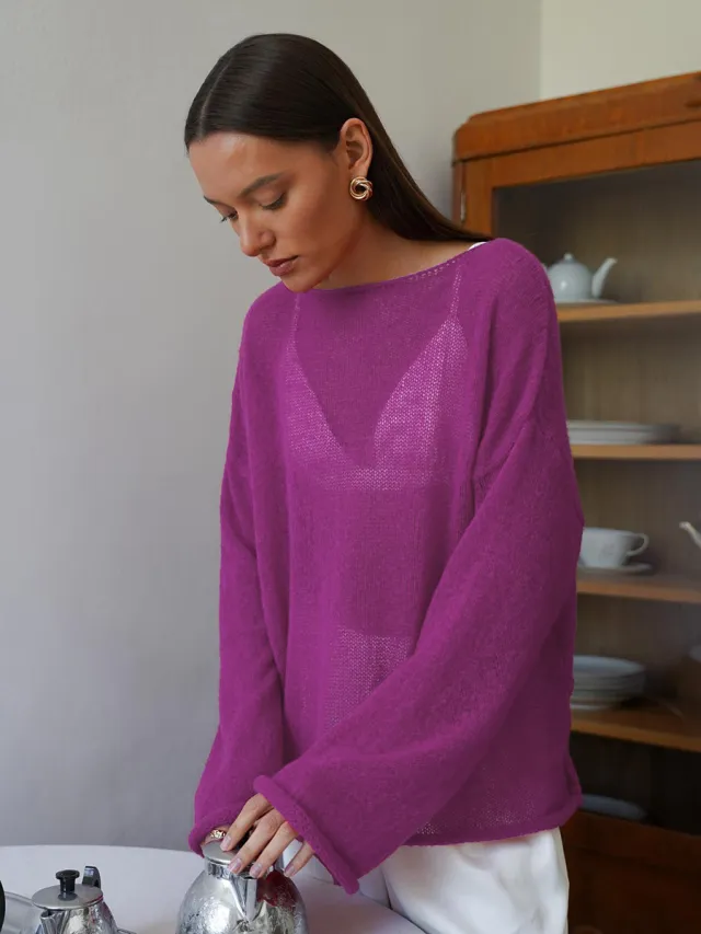 Hollow Sweater Thin Scoop Bell Sleeve Women Purple - Shop at LoveMi