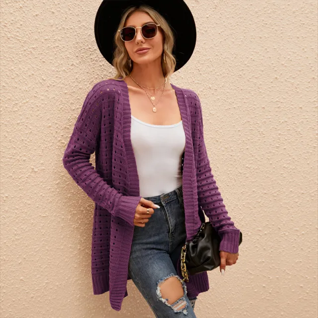 Women's Solid Color Hollow out Knitted Cardigan Loose Sweater Coat Purple - Shop at LoveMi