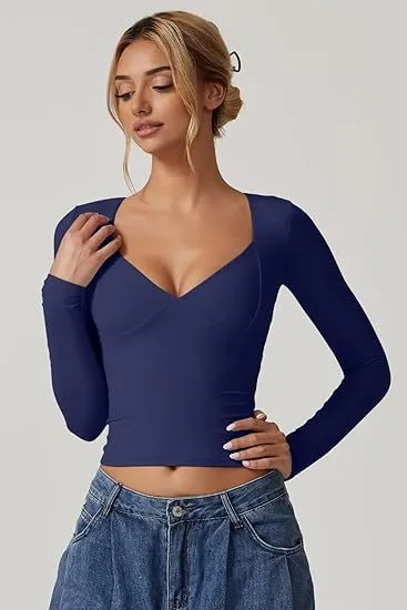 Women's Long Sleeve V neck Midriff baring Top T shirt Blue - Shop at LoveMi