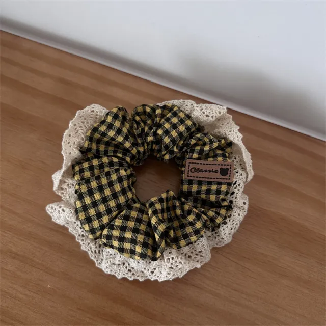 Pastoral Style Plaid Large Intestine Hair Ring Cute Lace Edge Simple Yellow - Shop at LoveMi