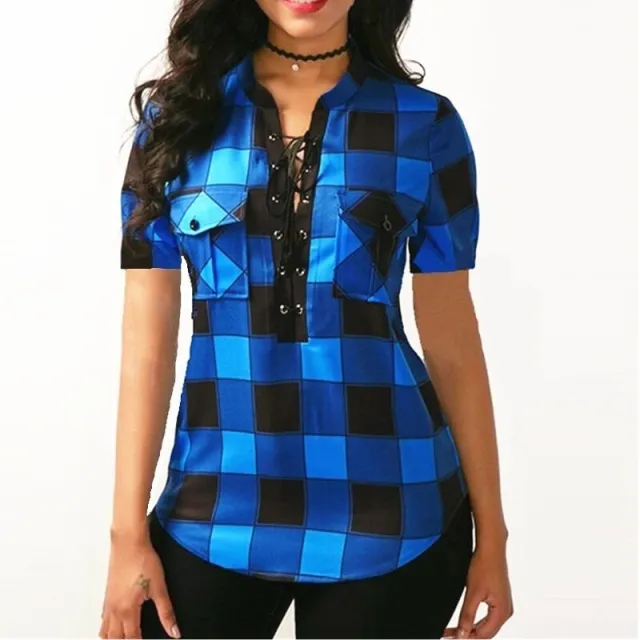 Summer Women's Lace up Short sleeved Plaid Shirt Blue - Shop at LoveMi