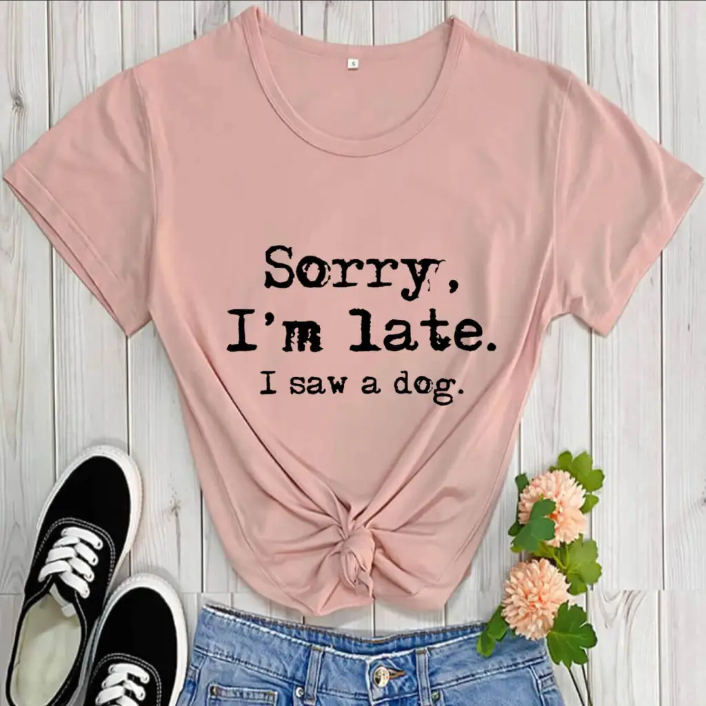 Dog Lovers Theme T-shirt Round Neck Short Sleeve Foreign Trade T-shirt - Peach Black Word