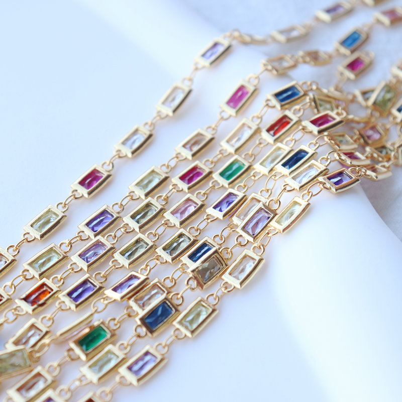 18K Gilded Colorful Flat Rectangular Zircon Chain Diy Accessories