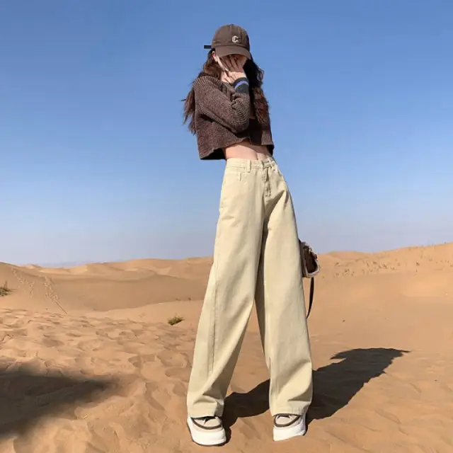 Women's Solid Color Casual Straight Leg Jeans Light Khaki Lengthened - Shop at LoveMi