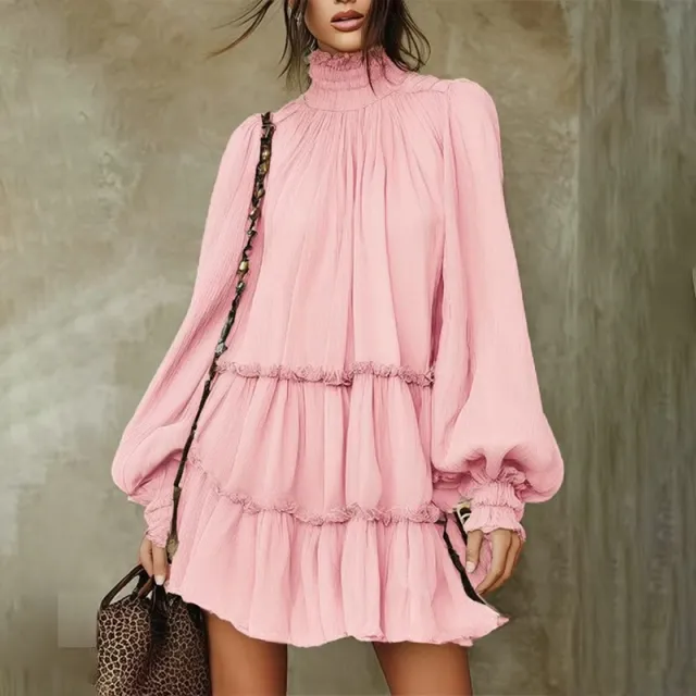 Elegant Relaxed fit Long sleeve Turtleneck Dress Pink - Shop at LoveMi