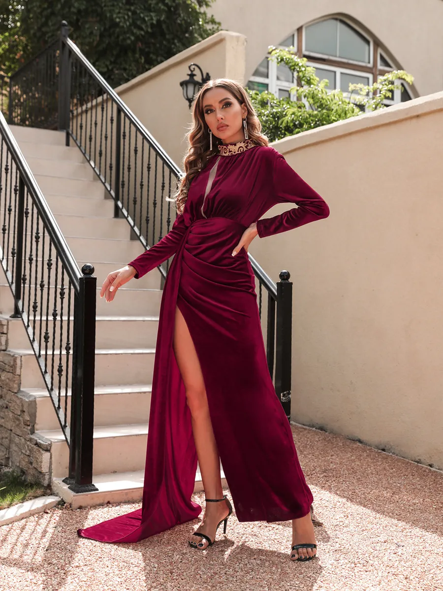 Women's Korean Velvet High Neck Sexy Evening Dress - Wine Red