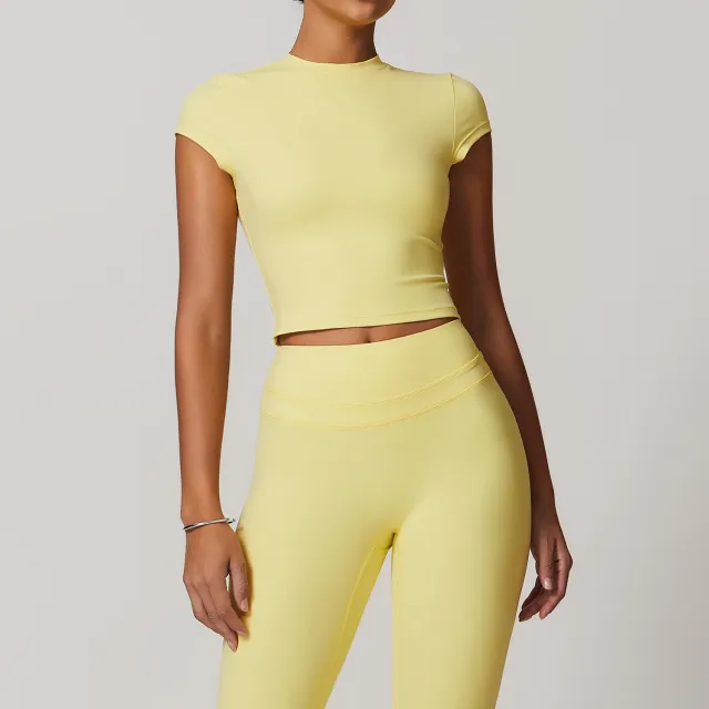 European And American Exercise Yoga Clothes Women's Brushed Tight Back Yoga Short Sleeve Yellow - Shop at LoveMi
