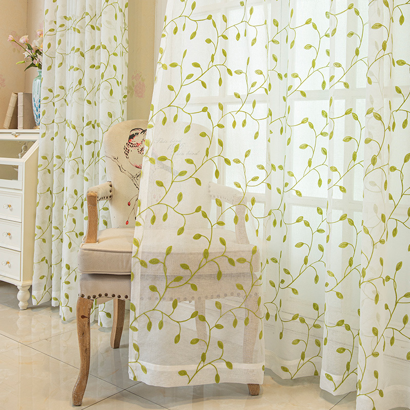 Embroidered Green Leaf Mesh Curtains — image 1