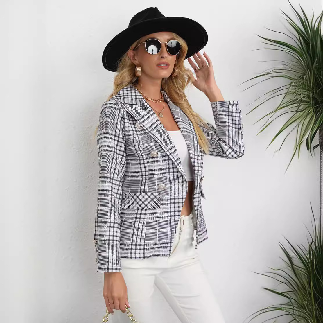 Women's Fashion Plaid Button Lapel Long Sleeve Coat