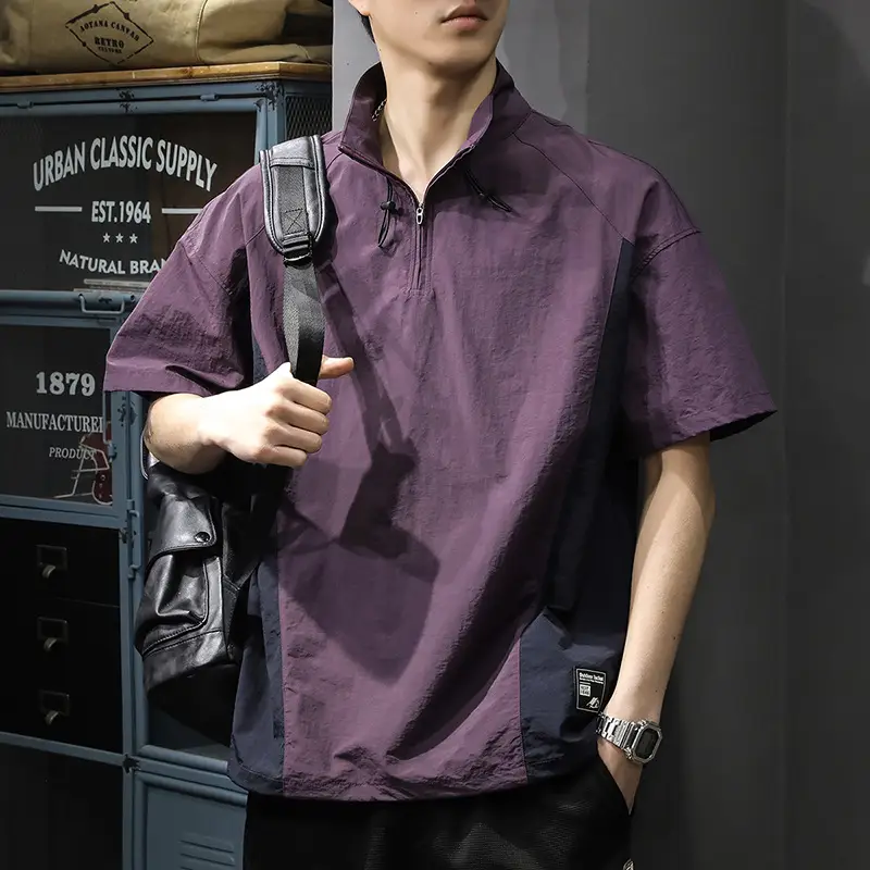 Men's Business Shirt Casual T-shirt American Half Zipped Stand Collar Shirt