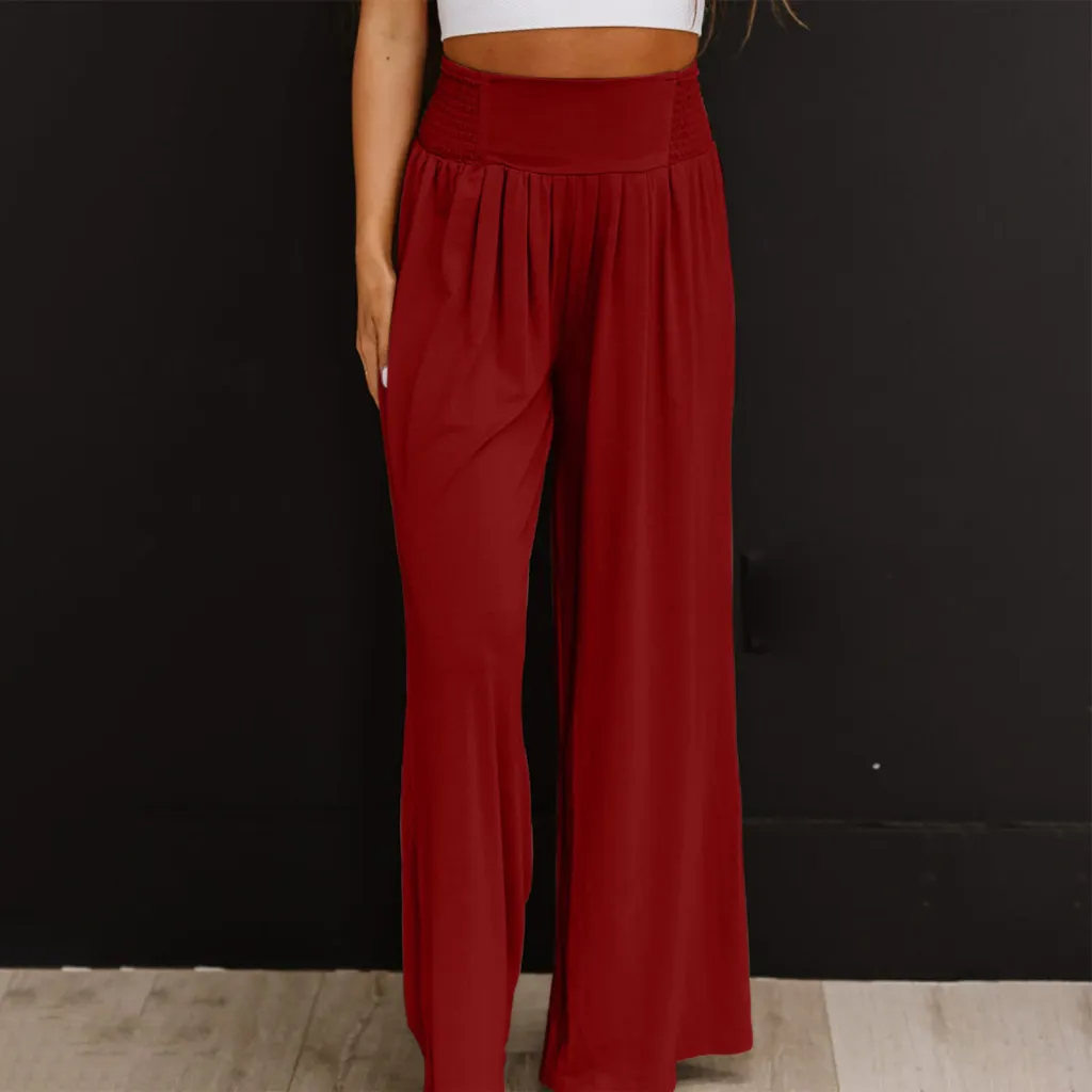 Women's Casual Cotton And Linen Smocking Distressed Mid-waist Trousers - Wine