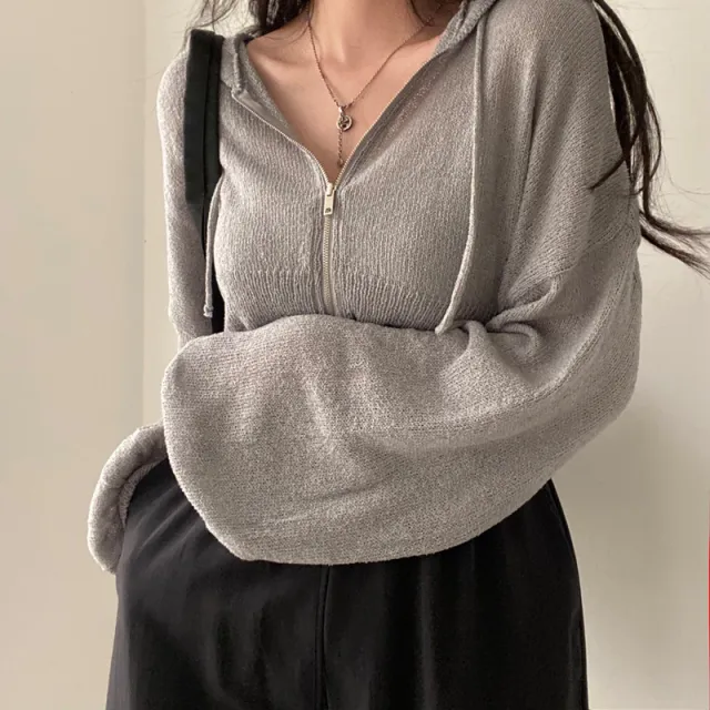 Hooded Short Lightweight Sweater Zip Long Sleeve Coat Gray - Shop at LoveMi