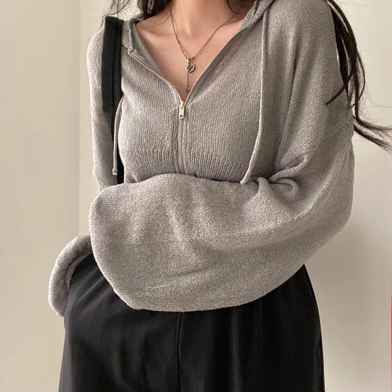 Hooded Short Lightweight Sweater Zip Long Sleeve Coat - Gray