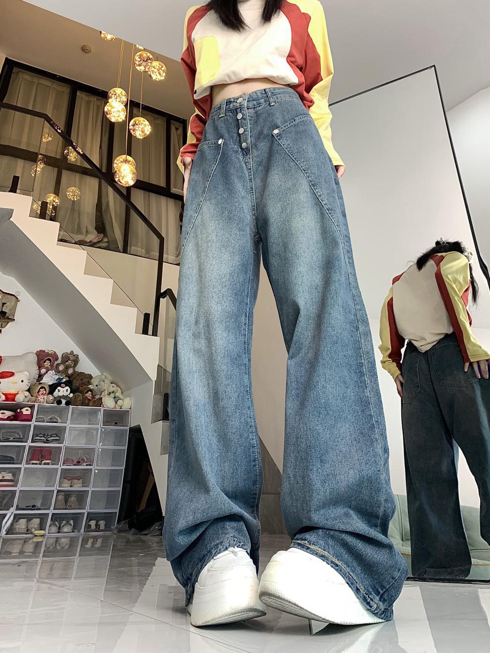 Retro Washed Worn Jeans Slimming And Straight Bootleg Pants
