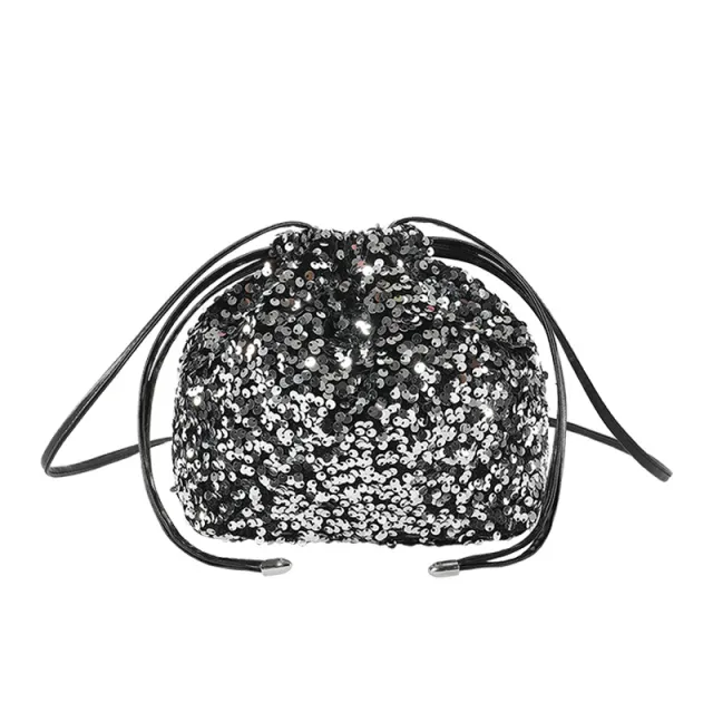 Crossbody Drawstring Pleated Design Soft Color Sequin Bag Silver - Shop at LoveMi
