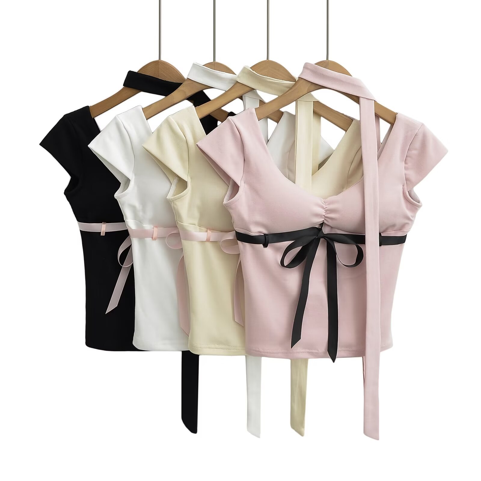 Hot Girl Niche Pure Desire V-neck Lace Up Tight Short-sleeved T-shirt