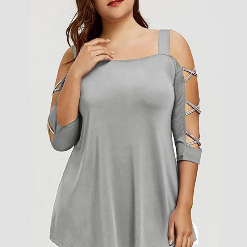 Solid Color Off-the-shoulder Sequin Sling Loose Plus Size T-shirt