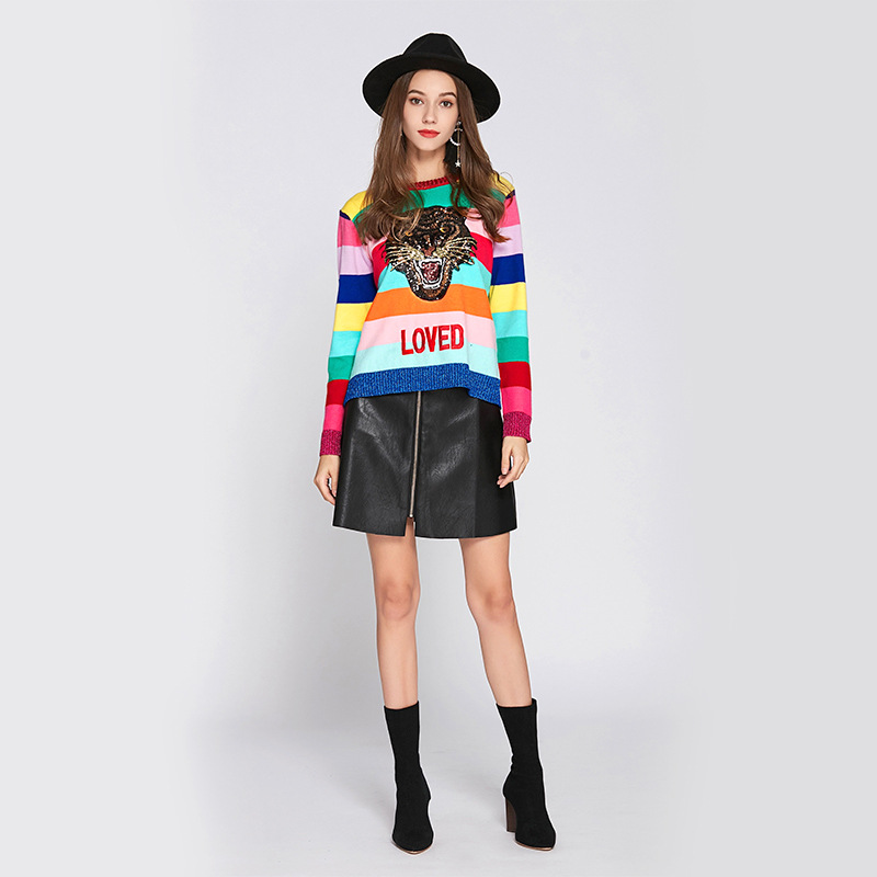 Women's Autumn And Winter Sequined Cute Rainbow Bar Sweate Color Matching - Shop at LoveMi