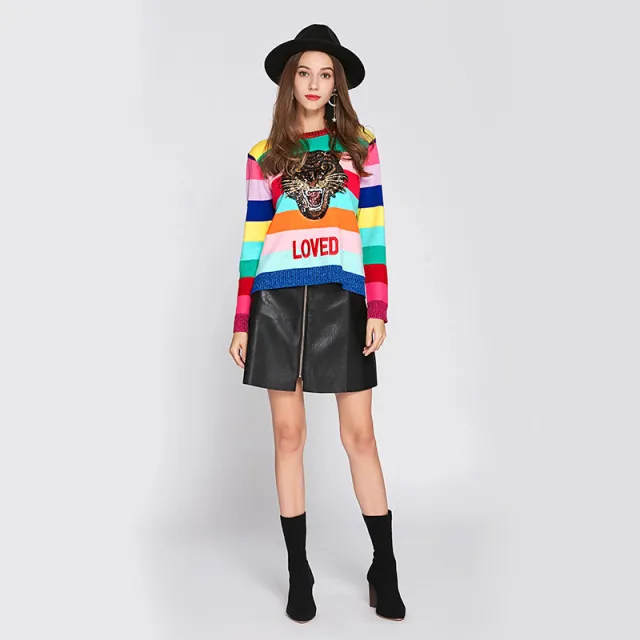 Women's Autumn And Winter Sequined Cute Rainbow Bar Sweate Color Matching - Shop at LoveMi