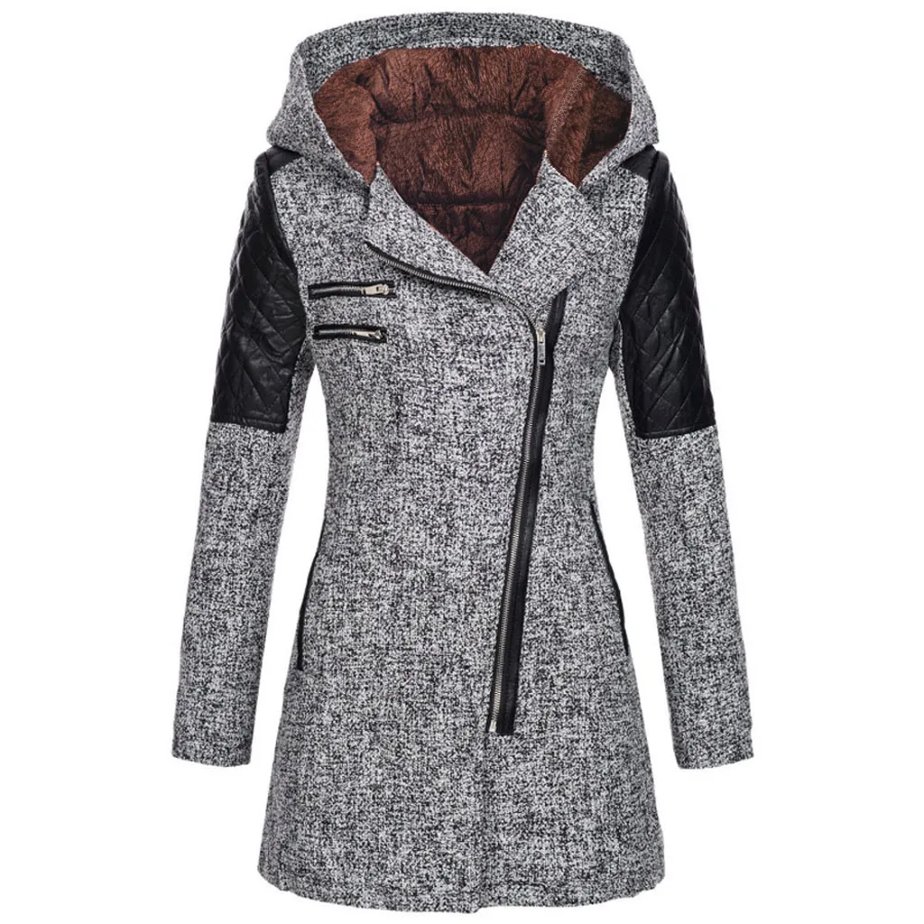 Women Warm Slim Full Zipper Coat Thick Woolen Coat Female Fall Winter Windbreaker Hooded Diagonal Zipper Women's Clothing - Plush Light Gray
