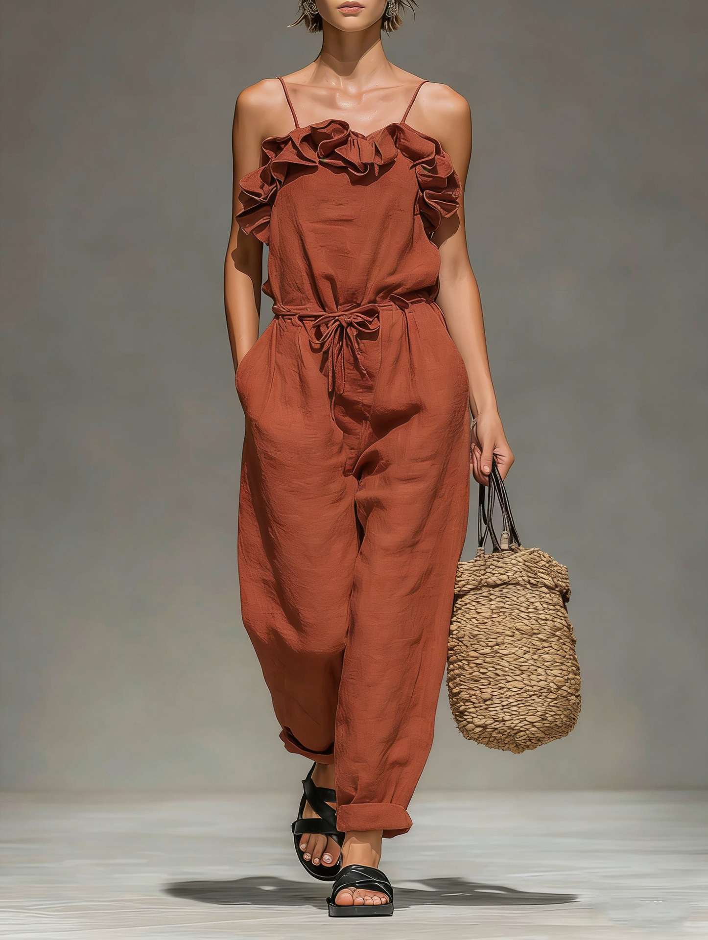 Women's Off-Shoulder Ruffle Wide-Leg Jumpsuit – Final Editorial Shot