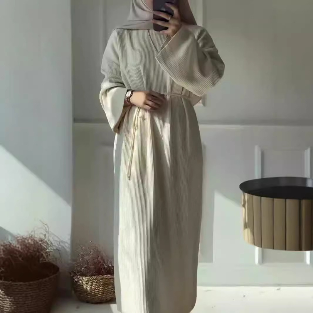 Autumn And Winter European And American Women's Clothing Loose Casual Lace Up Round Neck Long Sleeve Knitted Dress