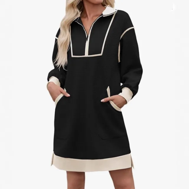 V neck Long sleeve Color block Casual Mini Dress For Fall Black - Shop at LoveMi
