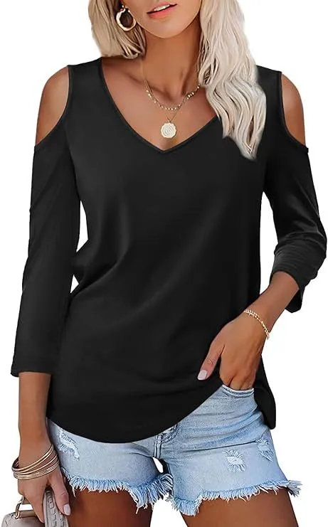 Off the shoulder Women's Solid Color Long Sleeve V neck Formal Casual Top Summer Black - Shop at LoveMi