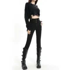 Retro Denim Skinny Pants Women's High Waist Slim Fit - Black - View 1