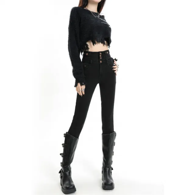 Retro Denim Skinny Pants Women's High Waist Slim Fit Black - Shop at LoveMi