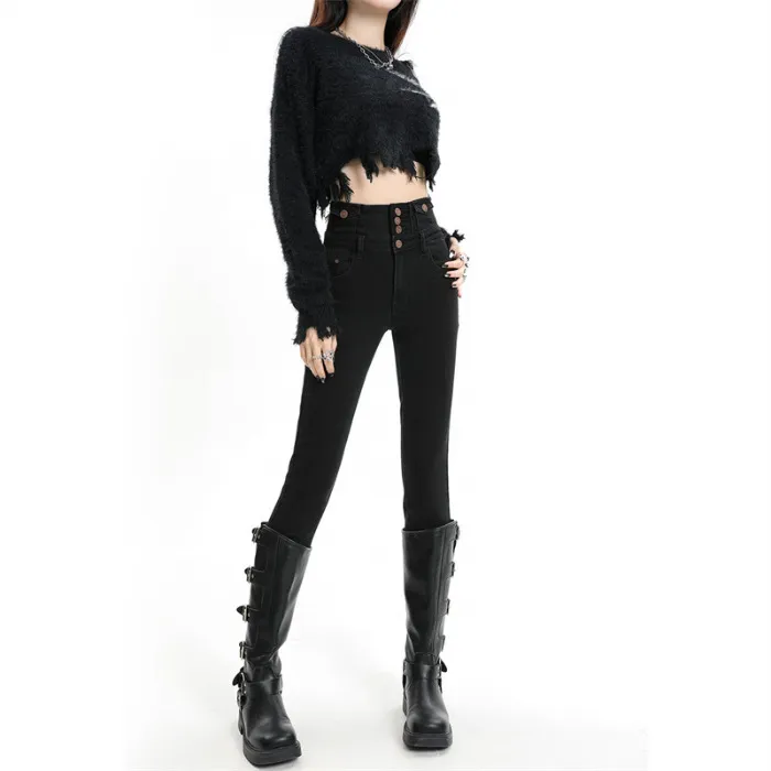 Retro Denim Skinny Pants Women's High Waist Slim Fit - Black