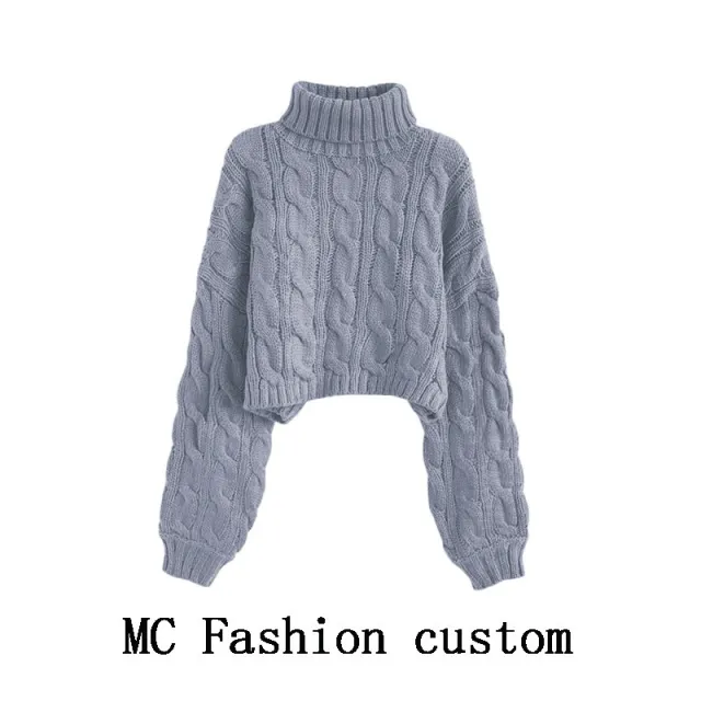 Turtleneck Pullover Short Cable knit Sweater Women Gray - Shop at LoveMi