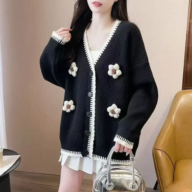 Spring And Autumn Outer Wear Coat Idle Style Design Knitted Top Black - Shop at LoveMi