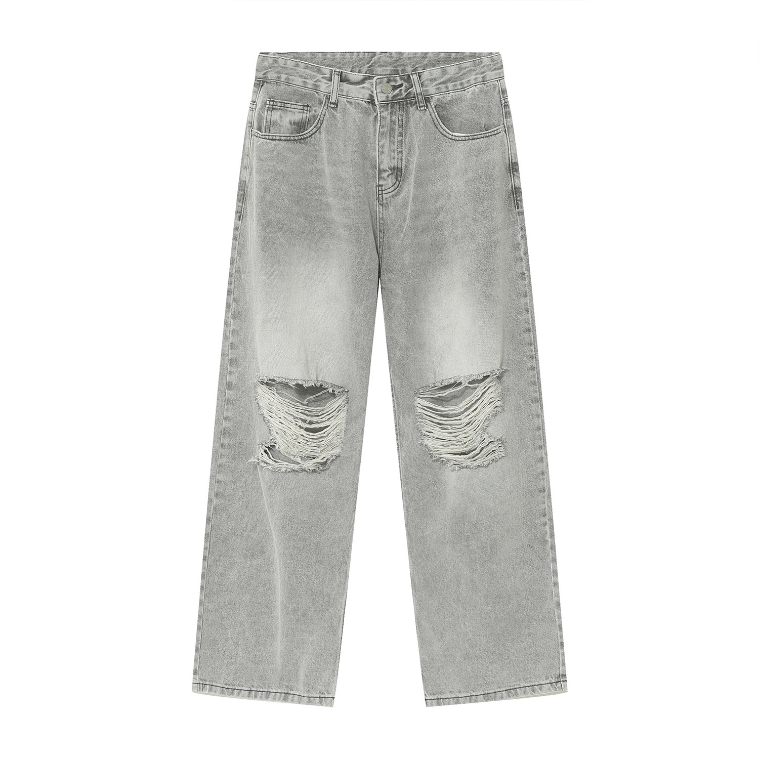 Men's Ripped Washed Light Gray Knee Ripped Wide-legged Straight-leg Denim Trousers