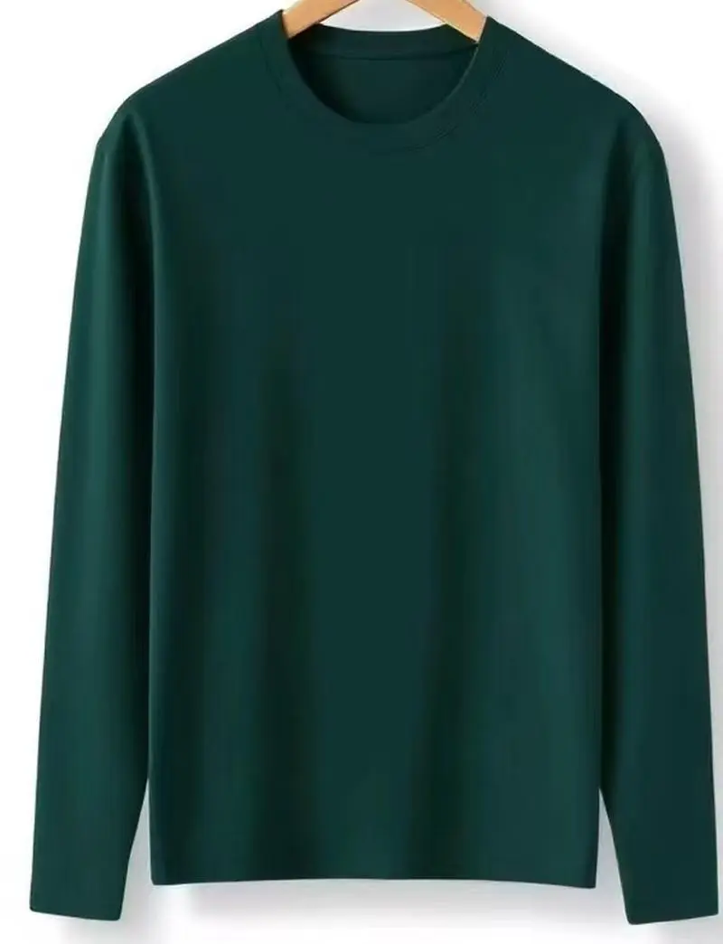 Solid-color Heavyweight Pure Cotton Crew-neck Long-sleeve T-shirt For Women - Dark Green