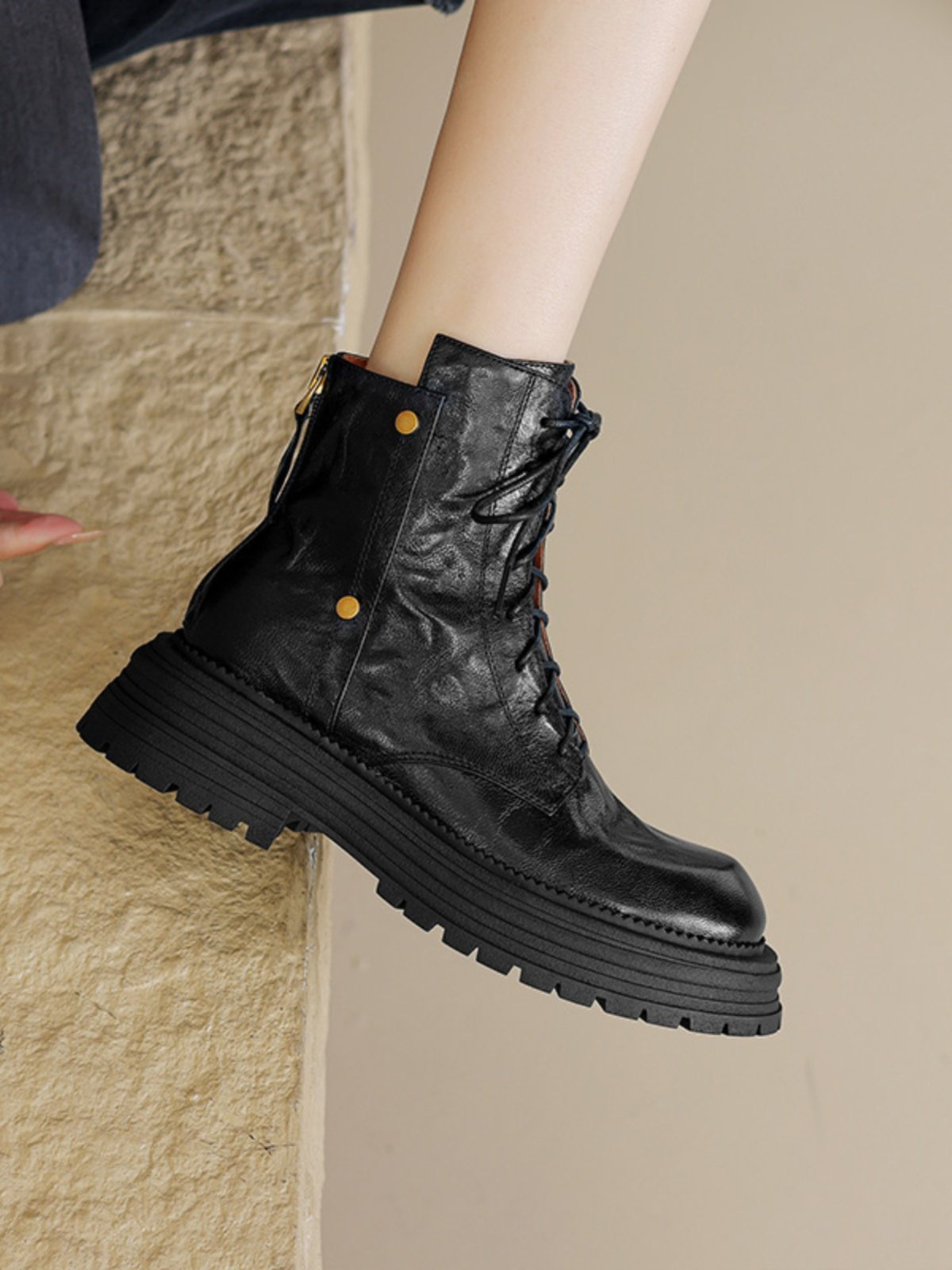 Womens Sheepskin Chunky-Soled Lace-Up Ankle Boots