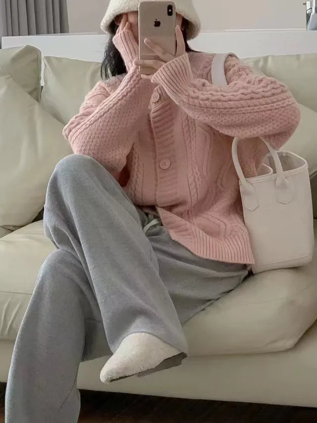 Twist Knitted Cardigan Jacket Design Sense Pink - Shop at LoveMi