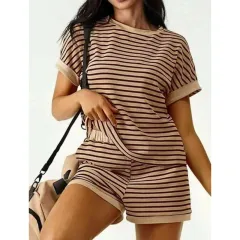 Womens Loose Casual Striped T-Shirt And Shorts Set - Brown - View 1