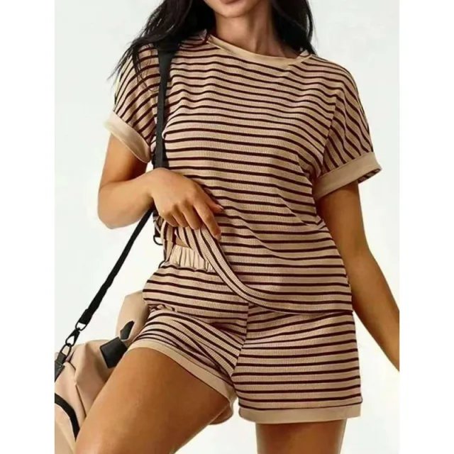 Womens Loose Casual Striped T Shirt And Shorts Set Brown - Shop at LoveMi