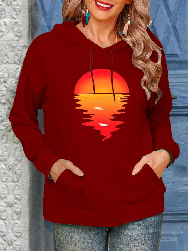 Sun Pattern Printing Hoodie With Drawstrings Sweaters Women's Clothing Wine Red Hooded - Shop at LoveMi
