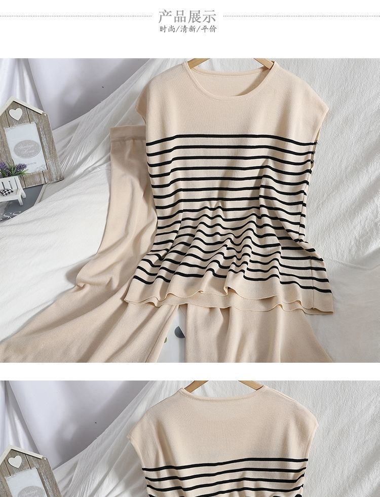 Women's Ice Silk Stripes Pullover Top Slimming Wide Leg Pants Knit Two-piece Suit