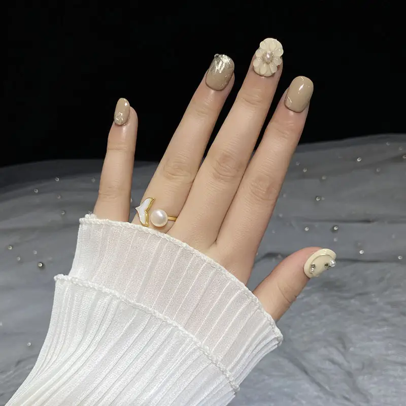Hand-painted Nail Three-dimensional Flower Milk Tea Color High Sense