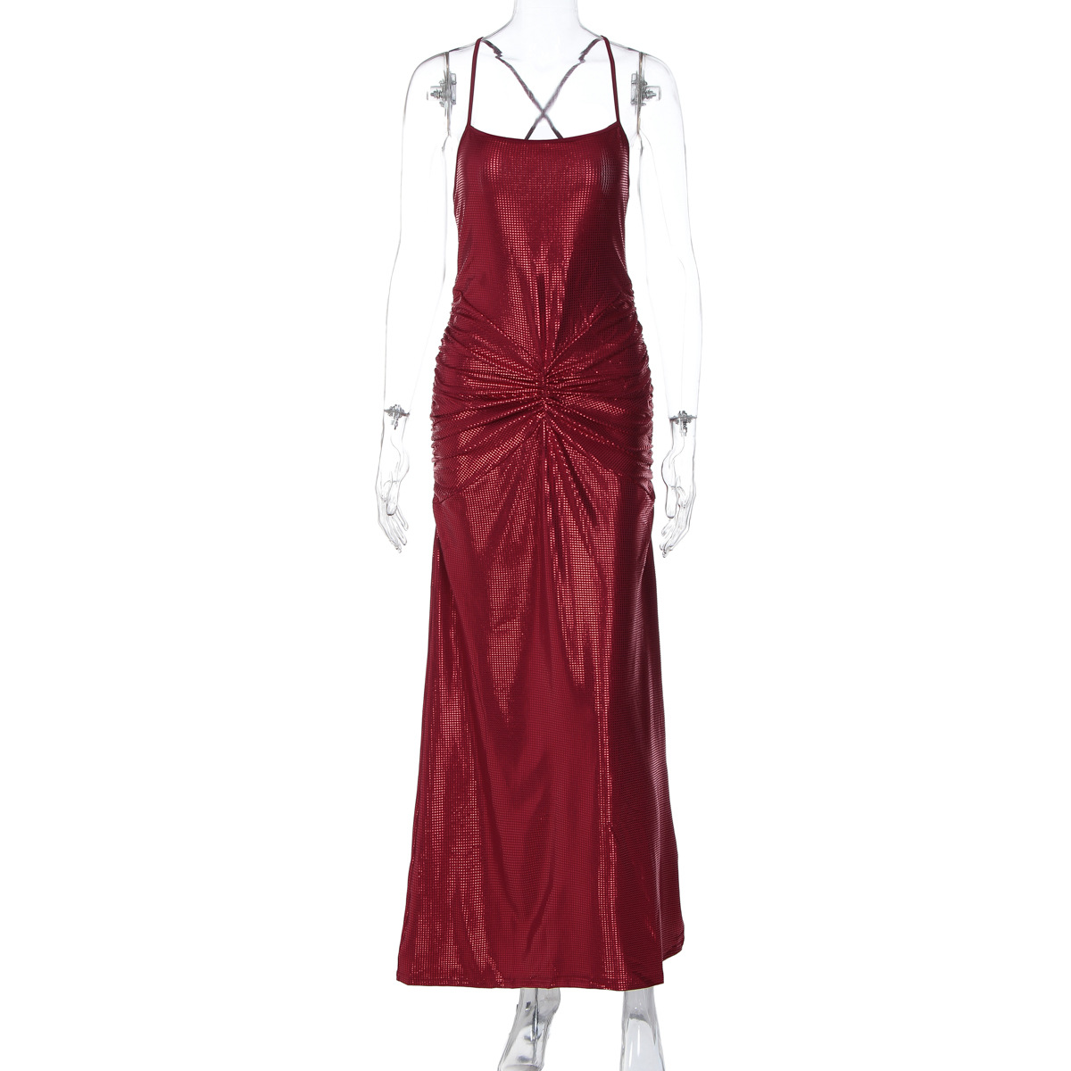 Women's Sexy Backless Gold Embossed Pleated Bodycon Elegant Slip Dress Red - Shop at LoveMi